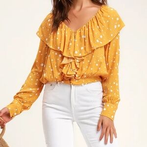 Lulu's Mustard Blouse with White Dots Medium Nwt